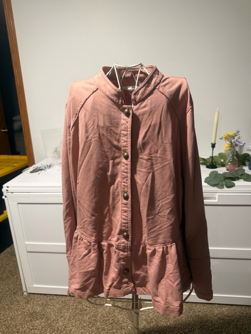 Maurices Pink Ruffle-Hem Knit Military Jacket - Picture 2 of 8